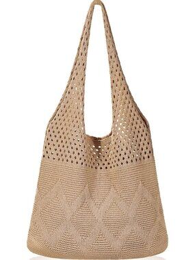 Women's Light Coffee Crochet Mesh Tote Bag Shoulder Lightweight Shopping Handbag